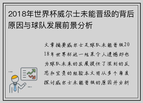 2018年世界杯威尔士未能晋级的背后原因与球队发展前景分析