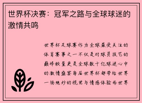 世界杯决赛：冠军之路与全球球迷的激情共鸣